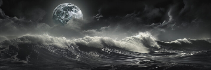 A stormy ocean surface under a full moon, wild brushstroke effects, crashing waves