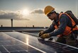 © New generate - Solar power engineer installing solar panels, on the roof, electrical technician at work