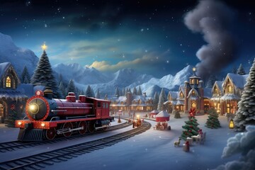 Aufkleber - Christmas background magical North Pole scene with Santa's workshop, elves, a winding train track with a toy train, and a starry, snowy night, evoking a sense of enchantment and holiday cheer