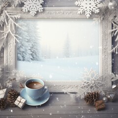 Aufkleber - Christmas cold frame with a cozy winter themed background with tree, snow man