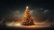 Zielone ciemne tło świąteczne na życzenia z ozdobioną choinką i z prezentami na Święta Bożego Narodzenia w zimowej scenerii