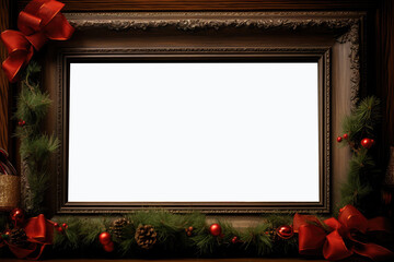 Poster - Christmas frame adorned with holly leaves and red ribbon, encasing a cozy family portrait by the fireplace, capturing the warmth and togetherness of the holiday season, Photography portrait