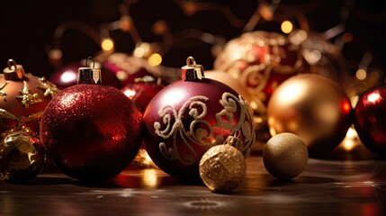Poster - Christmas balls, ornaments background and holiday-themed elements elegant decorations warm and cozy Photography with copy text space