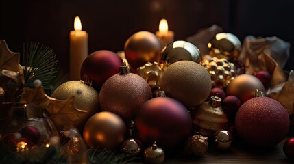 Poster - Christmas balls, ornaments background and holiday-themed elements elegant decorations warm and cozy Photography with copy text space