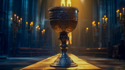 holy grail chalice in a church. relics and magic items concept.