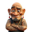 Polynesian elderly male avatar with faded tattoos and balding head on an isolated background. Cute PNG.