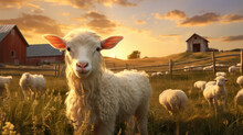 Cute Sheep On A Farm In Summer