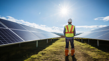 Back view professional worker standing among field with solar panels and writing on clipboard. Concept of green energy