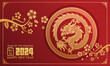 2024 Chinese new year, year of the dragon banner template design with dragons, clouds and flowers background. ( translation: Happy new year )