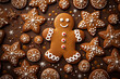 Festive Assortment of Decorated Gingerbread Cookies on a Chocolate Background