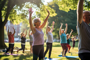 Sticker - Senior sport enthusiasts exercising during a yoga workout class outdoors at a city park