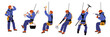 Cartoon industrial climber character. Man in uniforms hanging on safety cable with and winch. Skyscraper window washing. Buildings painting. Professional cleaners. Garish png set