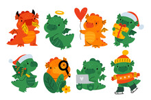Cartoon Dragons Characters. Baby Mythical Animals. Cute New Year Mascot. Dinos With Gifts In Sweaters Or Hats. Chinese Horoscope Symbol. Asian Animal Skiing Or Searching. Garish Png Set
