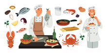 Sea Food Cooking. Chef Cook Preparing Fish And Crabs. Cartoon Ocean Products. Pasta With Seafood. Restaurant Meal Preparation At Kitchen. Professionals In Uniform. Garish Png Set