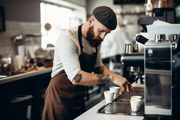 Wall Mural - Professional barista with apron working preparing coffee for customer in cafe