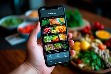hand with a mobile phone looking at a healthy food application