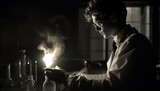 Fototapeta  - One scientist holding flame, concentrating on burning liquid indoors generated by AI