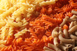 Close up image of three types of lentil fusilli pasta. High angle view.