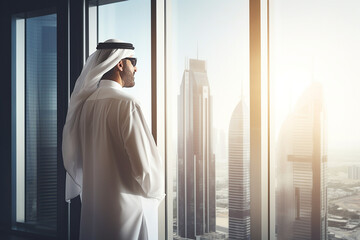 Canvas Print - Successful Muslim Businessman in Traditional White Outfit Standing in His Modern Office Looking out of the Window on Big City with Skyscrapers, Successful Saudi, Emirati, Arab Businessman Concept