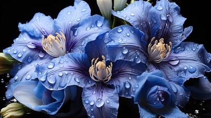 Wall Mural - Beautiful blue gladiolus flowers with water drops on black background . Mother's day concept with a space for a text. Valentine day concept with a copy space.