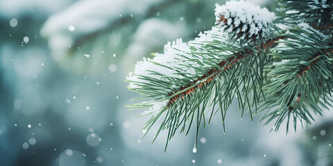 close up of green pine tree branch with snow and pinecones