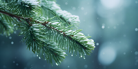 Close up of green pine tree branch with snow and pinecones 
