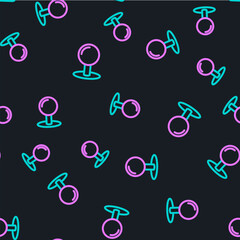 Poster - Line Push pin icon isolated seamless pattern on black background. Thumbtacks sign. Vector