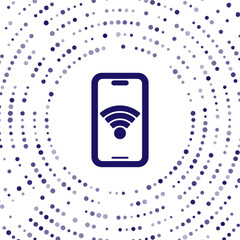 Poster - Blue Smartphone with free wi-fi wireless connection icon isolated on white background. Wireless technology, wi-fi connection, wireless network. Abstract circle random dots. Vector