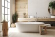 White bleached japandi bathroom with close-up view of freestanding bathtub and wooden washbasin in farmhouse interior design. Generative AI