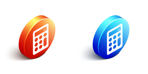 Poster - Isometric Calculator icon isolated on white background. Accounting symbol. Business calculations mathematics education and finance. Orange and blue circle button. Vector