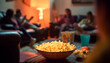 A group of friends enjoying snacks and movies together indoors generated by AI