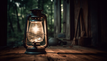 Canvas Print - An old lantern, rusty and antique, illuminates the dark night generated by AI