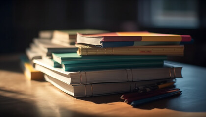 Poster - A collection of antique textbooks on a wooden bookshelf generated by AI