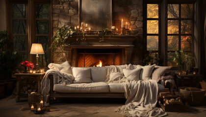 Sticker - Cozy winter night, illuminated by candlelight, in a modern living room generated by AI