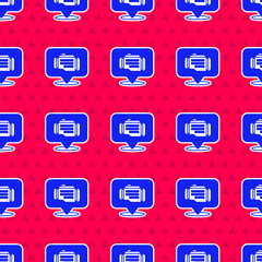 Wall Mural - Blue Check engine icon isolated seamless pattern on red background. Vector