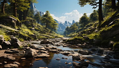 Canvas Print - Tranquil scene  Majestic mountain peak reflects in flowing, fresh, wet meadow generated by AI