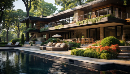 Canvas Print - Modern architecture blends with nature in a luxurious summer retreat generated by AI