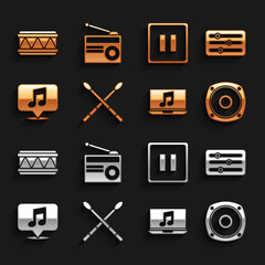 Poster - Set Drum sticks, Sound mixer controller, Stereo speaker, Laptop with music note, Musical in speech bubble, Pause button, and Radio antenna icon. Vector