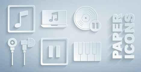 Poster - Set Pause button, Vinyl disk, Air headphones, Music synthesizer, Laptop with music note and note, tone icon. Vector