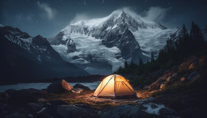 Wall Mural - Men climb mountain peak, campfire illuminates tranquil sunset in wilderness generated by AI