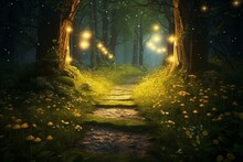 A Forest Path With Lights Hanging From Trees And Mossy Ground On Either Side, With A Path Having Yellow Flowers And Leaves On The Other Side. Generative AI