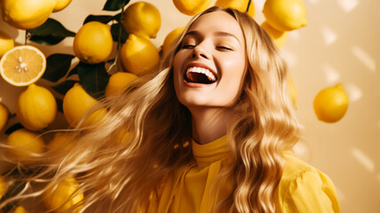 Wall Mural - Elegant young woman with lemon tree