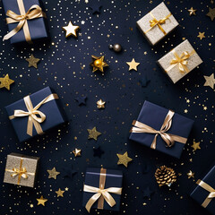 Wall Mural - Christmas present gift boxes on a dark background