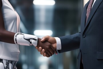 Poster - handshake human hand and robot hand business concept illustration