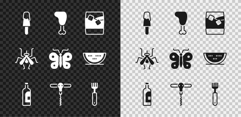 Sticker - Set Ice cream, Chicken leg, Glass of whiskey with ice, Bottle wine, Wine corkscrew, Fork, Mosquito and Butterfly icon. Vector