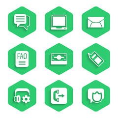 Poster - Set Stacks paper money cash, Outgoing call phone, Speech bubble chat, Mobile, Headphoneswith settings, FAQ information, Mail and e-mail and icon. Vector