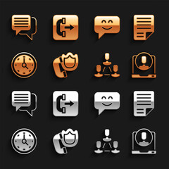 Poster - Set Telephone handset with shield, File document, 24 hours support, Employee hierarchy, Clock, Smile face, Speech bubble chat and Outgoing call icon. Vector