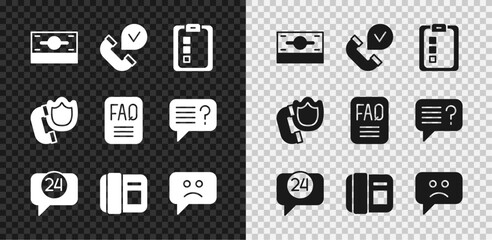 Poster - Set Stacks paper money cash, Telephone handset, Online quiz, test, survey, 24 hours support, Sad smile, with shield and FAQ information icon. Vector
