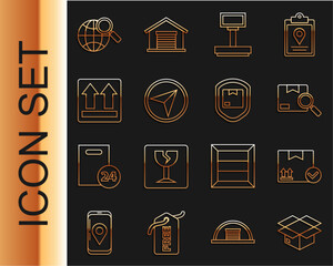 Set line Carton cardboard box, Package with check mark, Search package, Scale, Infographic of city map navigation, This side up, Magnifying glass globe and Delivery security shield icon. Vector