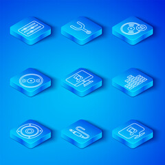 Poster - Set line Stereo speaker, Computer with music note, Audio jack, Music equalizer, Vinyl disk, Sound mixer controller and Musical speech bubble icon. Vector